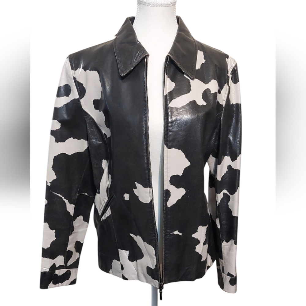Wilsons Leather Jacket Cow Print Faded black and White